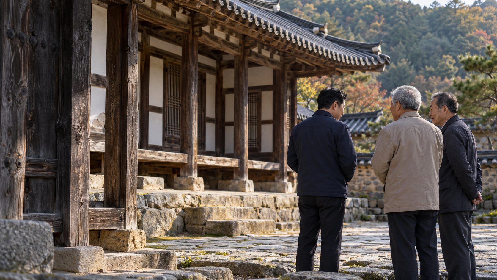 재실 앞에서 어르신과 함께 이야기를 나누는 가상의 인물들. AI 콘셉트 이미지.